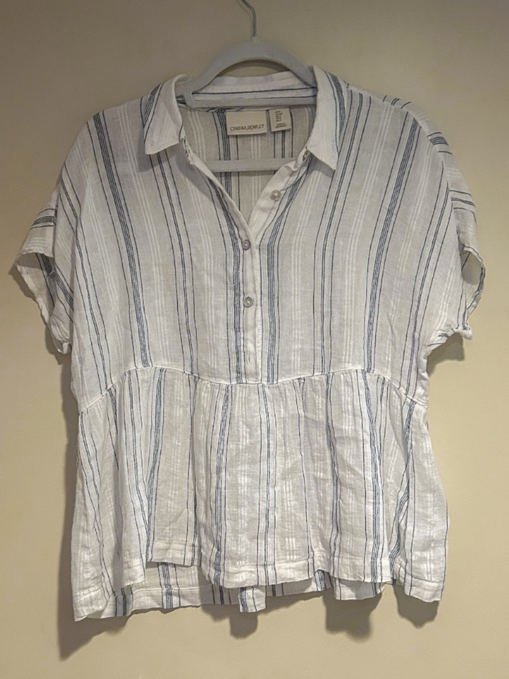 Cynthia Rowley White and Blue Stripe Linen Peplum Top Sz Sm